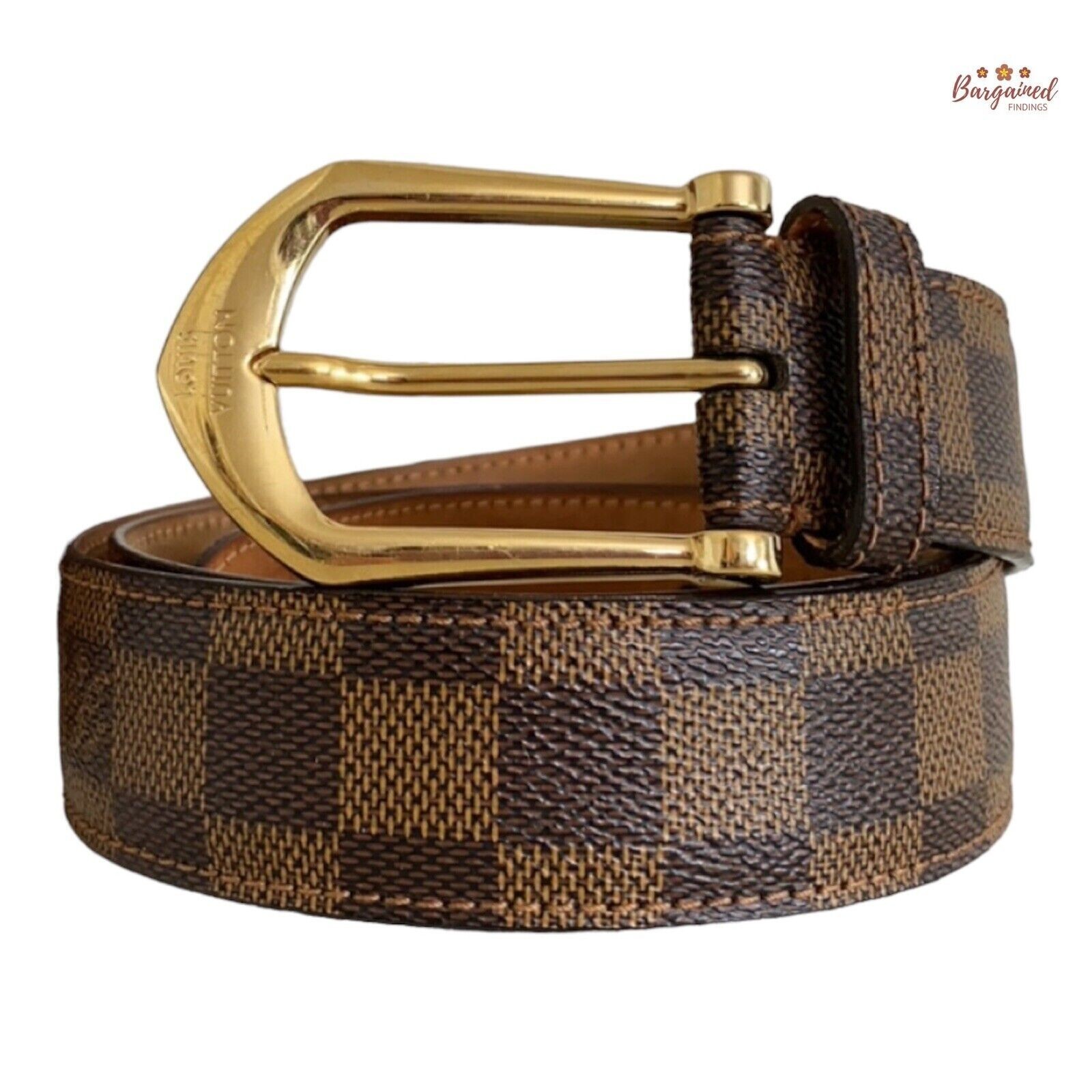 Louis Vuitton ブラウンレザーベルト ゴールドバックル Authentic Louis Vuitton Brown Damier Ebene Riveted Gold Buckle
