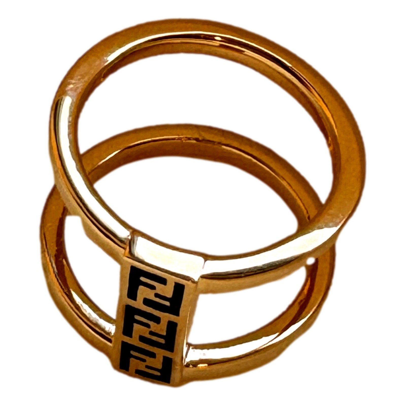 Pre-owned Fendi Ff Oro Soft Logo Black And Gold Ring Medium