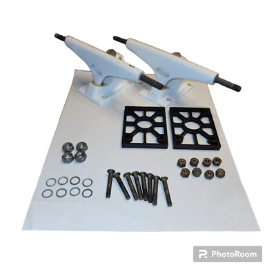 Pair of KRUX White Skate Board Trucks W/ Risers Bolts & Screws