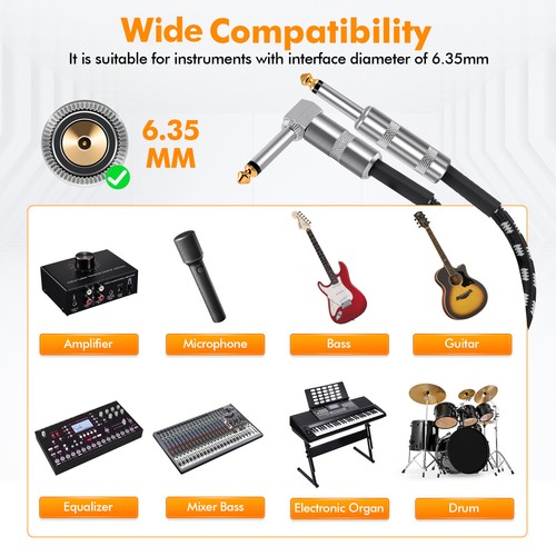 20ft Guitar Bass Instrument Patch Cable 1/4" Right-Angle Musical Cable Cord