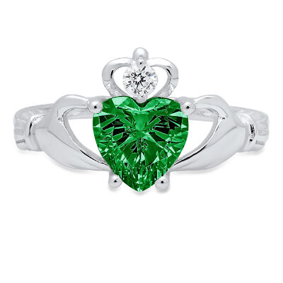 Pre-owned Pucci 1.55 Irish Celtic Claddagh Simulated Emerald Classic Ring Solid 14k White Gold
