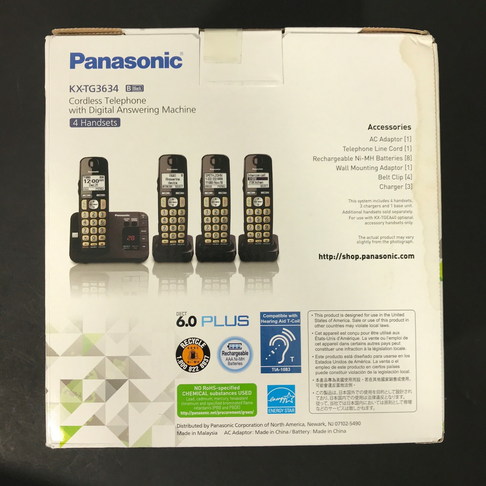 Panasonic KX-TG3634 Cordless Telephone 4 Handsets with Digital Answering Machine
