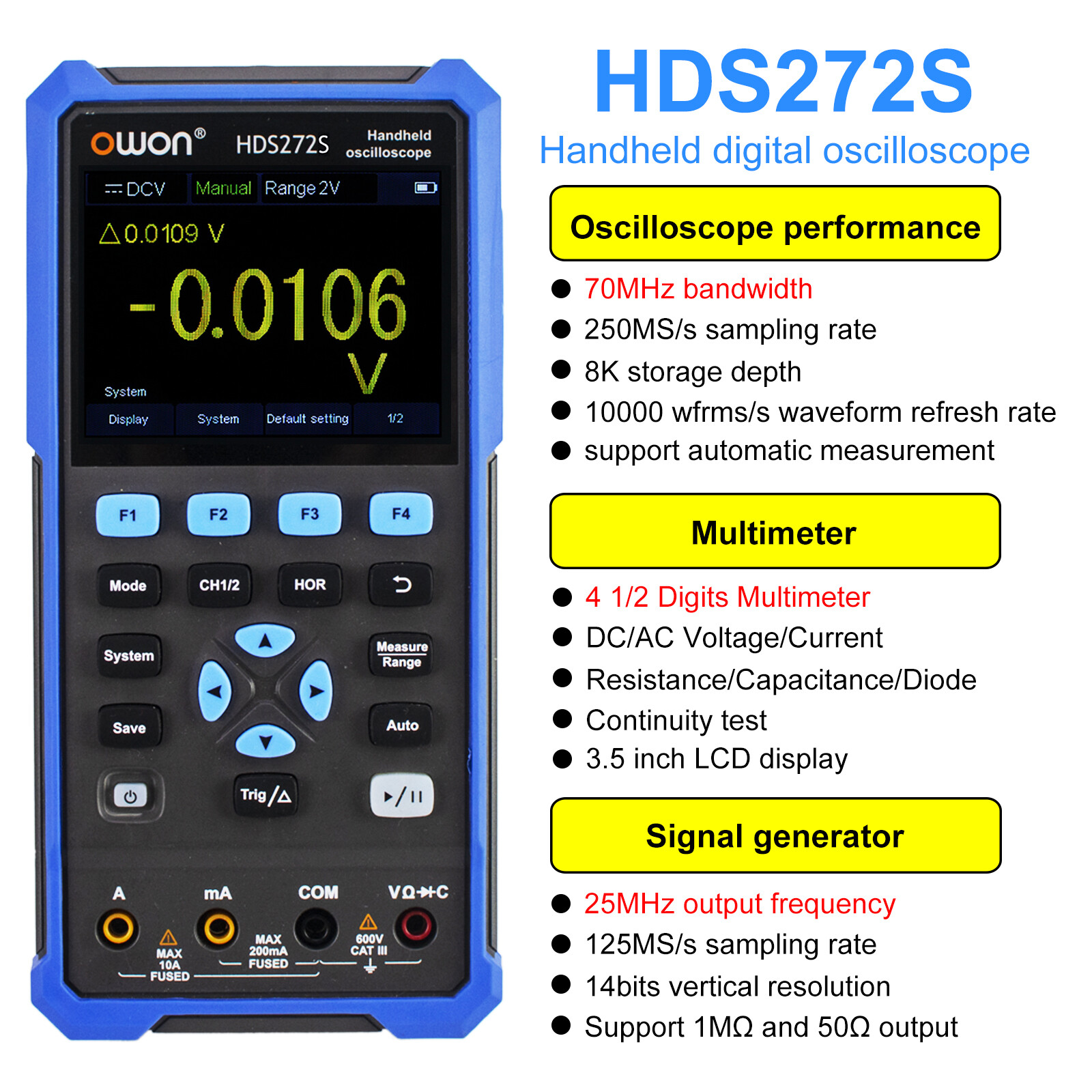 OWON HDS200 Series Handheld Digital Oscilloscope 2CH+1CH Waveform Generator USB