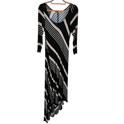 Paris IQ Black White Striped Asymmetrical Maxi Dress 3/4 Sleeve Made in USA L