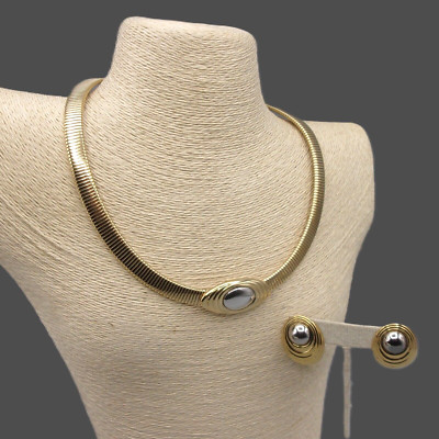 KJL Avon Silver Gold Choker Necklace and Earrings Set, Omega Chain, Kenneth Lane