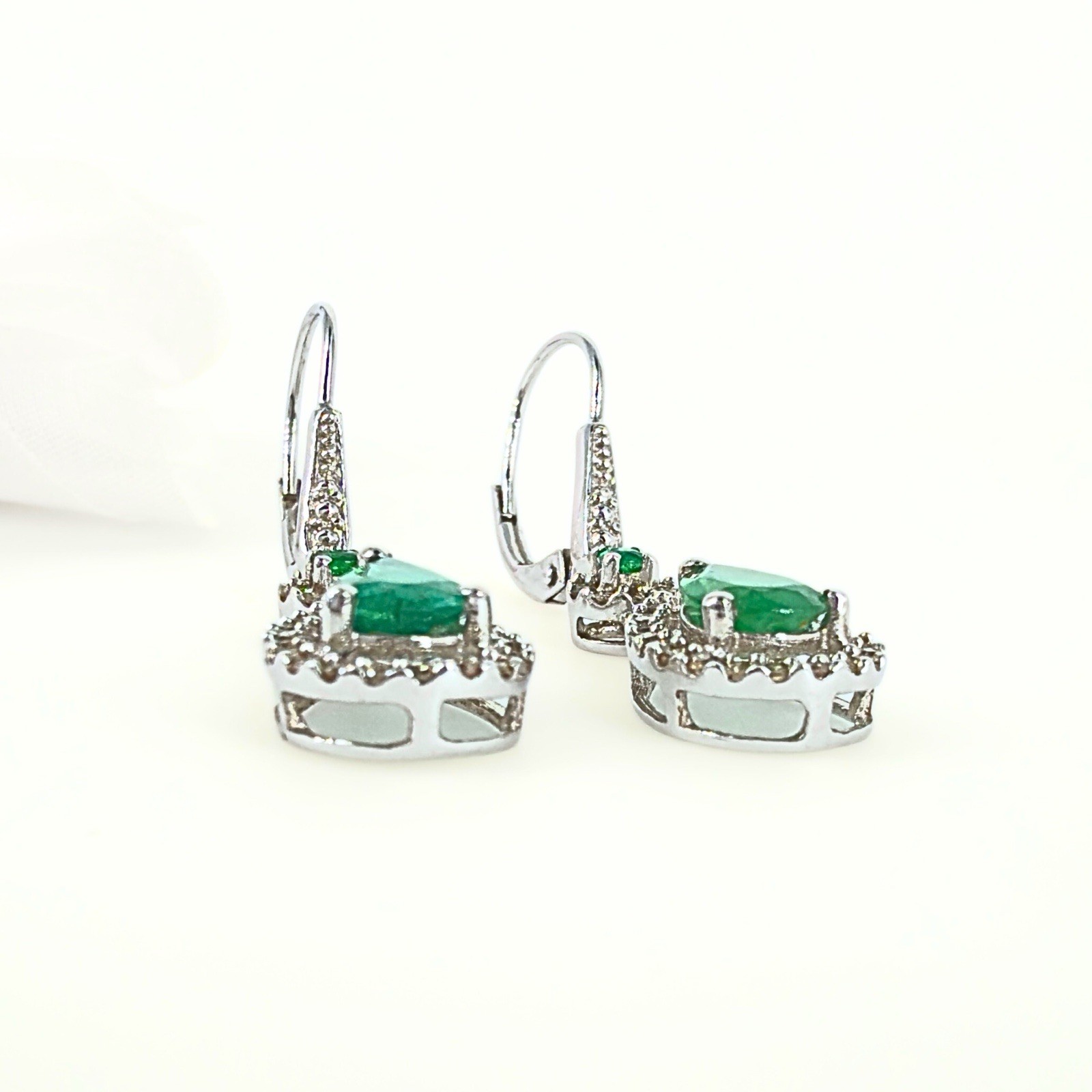 14k White Gold Genuine Emerald & Diamond Leverback Dangle Earrings, Preowned - Picture 8 of 11
