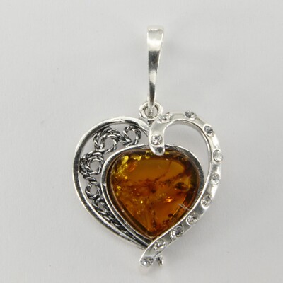 Cognac / Brown BALTIC AMBER Heart CZ Pendant 925 STERLING SILVER Poland #2206e