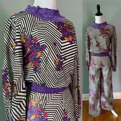 Vintage 70s Wild Metallic Jumpsuit Two Piece Set Floral & Striped S/M