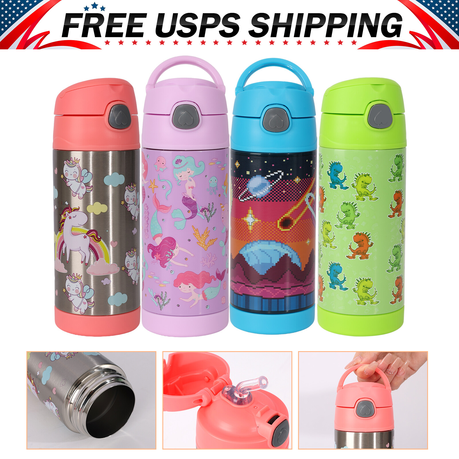 12 oz Kids Water Bottle w/ Straw Insulated Stainless Steel Water Bottle BFA Free