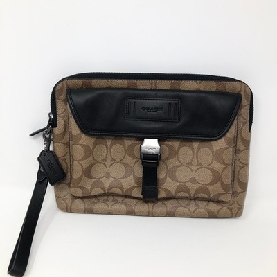 Coach Ranger Pouch 2811 Signature Canvas Tan Black Leather Mens Wristlet Clutch