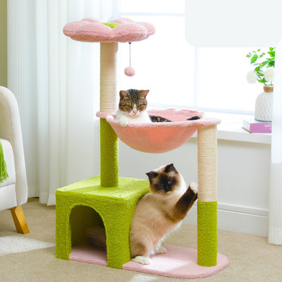 Flower Cat Tree with Large Metal Frame Hammock, 35'' 35in Flower Cat Tree Pink