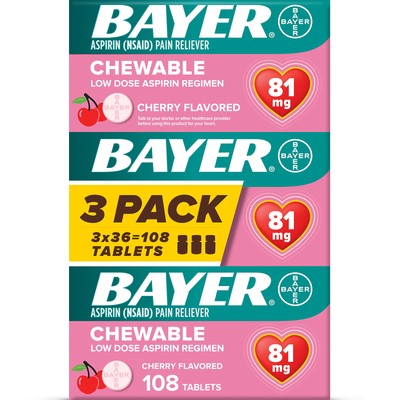 Bayer Chewable Cherry Aspirin Regimen Low Dose 81mg Pain Reliever Tablets 108 Ct