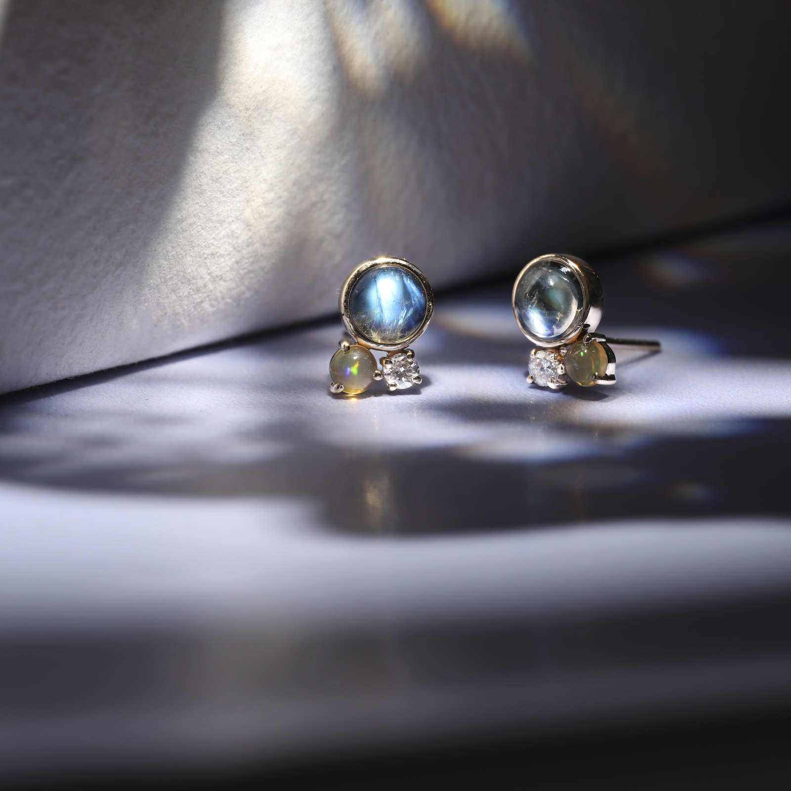 14K Gold  VS/F-G Diamond Opal And Rainbow Moonstone Studs Earrings - The Jewelz