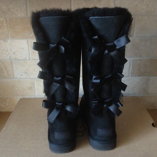 Pre-owned Ugg Triple Triplet Bailey Bow Ii Black Water-resistant Tall Boots Size 8 Womens