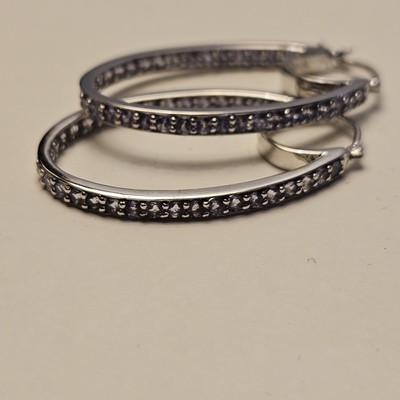 EA 925 Silver Amethyst Channel Set Oval Hoop 1'' Earrings Signed Purple Crystal 