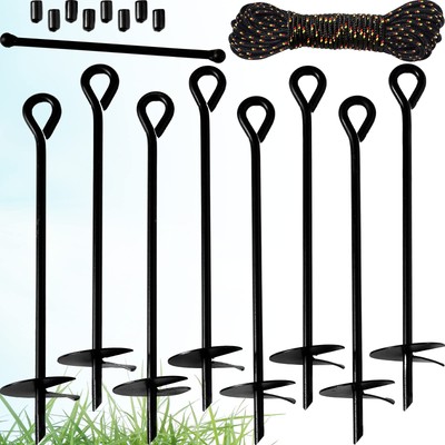 Shed Anchor Kit 8 pk 15'' - Metal Torque Bar 25 Feet Long Rope and Carrying Sa...