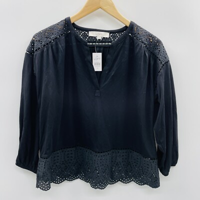 Ann Taylor LOFT Womens Size XS Eyelet Embroidered Trim Split Neck Blouse 1504