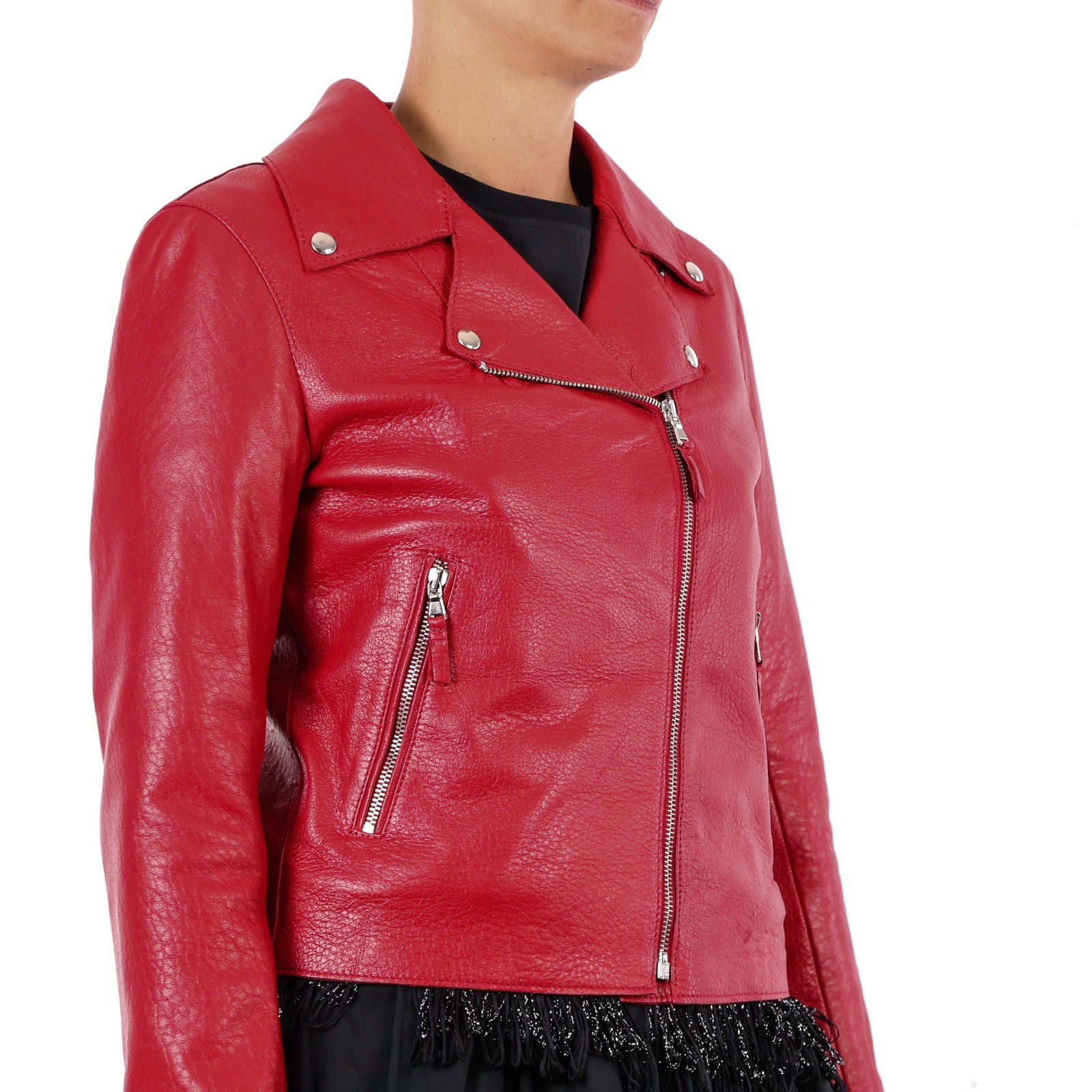 Pre-owned Handmade Italian  Women Genuine Lamb Leather Biker Jacket Grainy Red