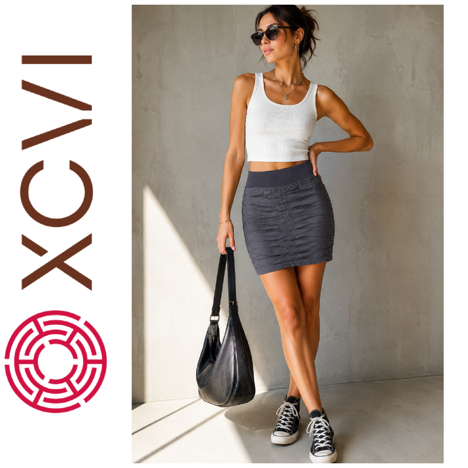 XCVI Wearables Sz M Trace Skirt Gray Ruched Stretch Cotton Pull On Mini Skirt