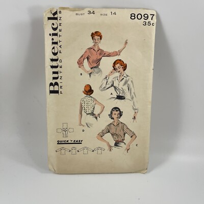 Vintage Butterick #8097 Pattern For Misses Size 14 Classic Shirt