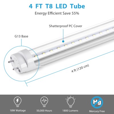 Yescom T8 25 Packs 4' Fluorescent 6500K Replacement 18W LED Light Tube Clear