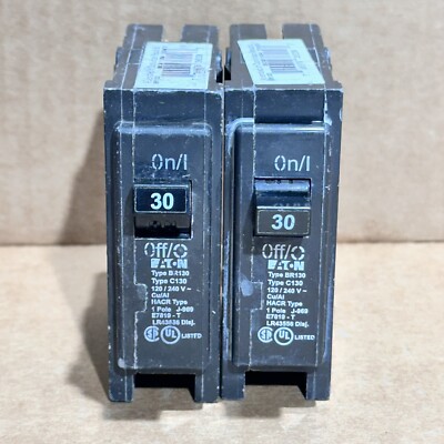 Pack of 2 Eaton BR130 30Amp Single Pole Standard Trip Circuit Breaker