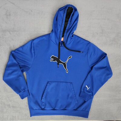 Puma Hoodie Sweatshirt Mens Large Warm Cell Blue Fleece Pullover *Snags*