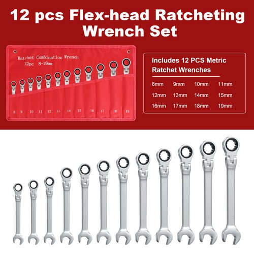 12Pc 8-19mm Metric Flexible Head Ratcheting Wrench Combination Spanner Tool Set