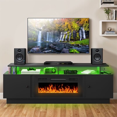 Black LED TV Stand Console for 70" TVs Entertainment Center Magnetic Doors