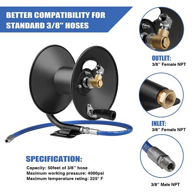 Pressure Washer Hose Reel 50Ft 4000 PSI Heavy Duty Power Washer Hose Reel