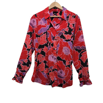 Womens Red Floral Hawaiian Shirt Top Semi Sheer Long Sleeve Sz S -Who What Wear 