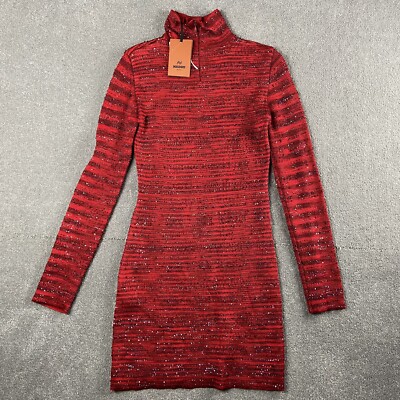 Missoni Red Woven Stripe Mock Neck Embellished Sequin Mini Dress Size 38 NEW
