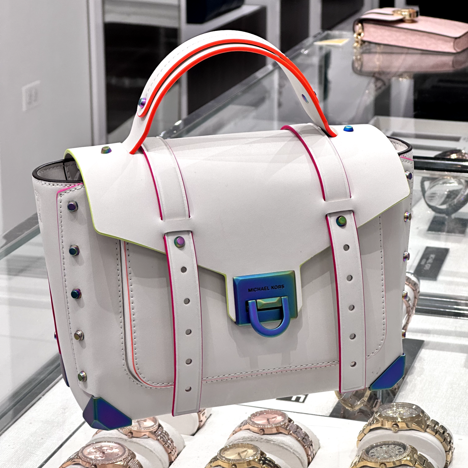 Michael Kors Manhattan Medium School Satchel Neon Studded Leather Bag Optic Whit | eBay Michael Kors Manhattan Medium School Satchel Neon Studded Leather Bag Optic Whit | eBay