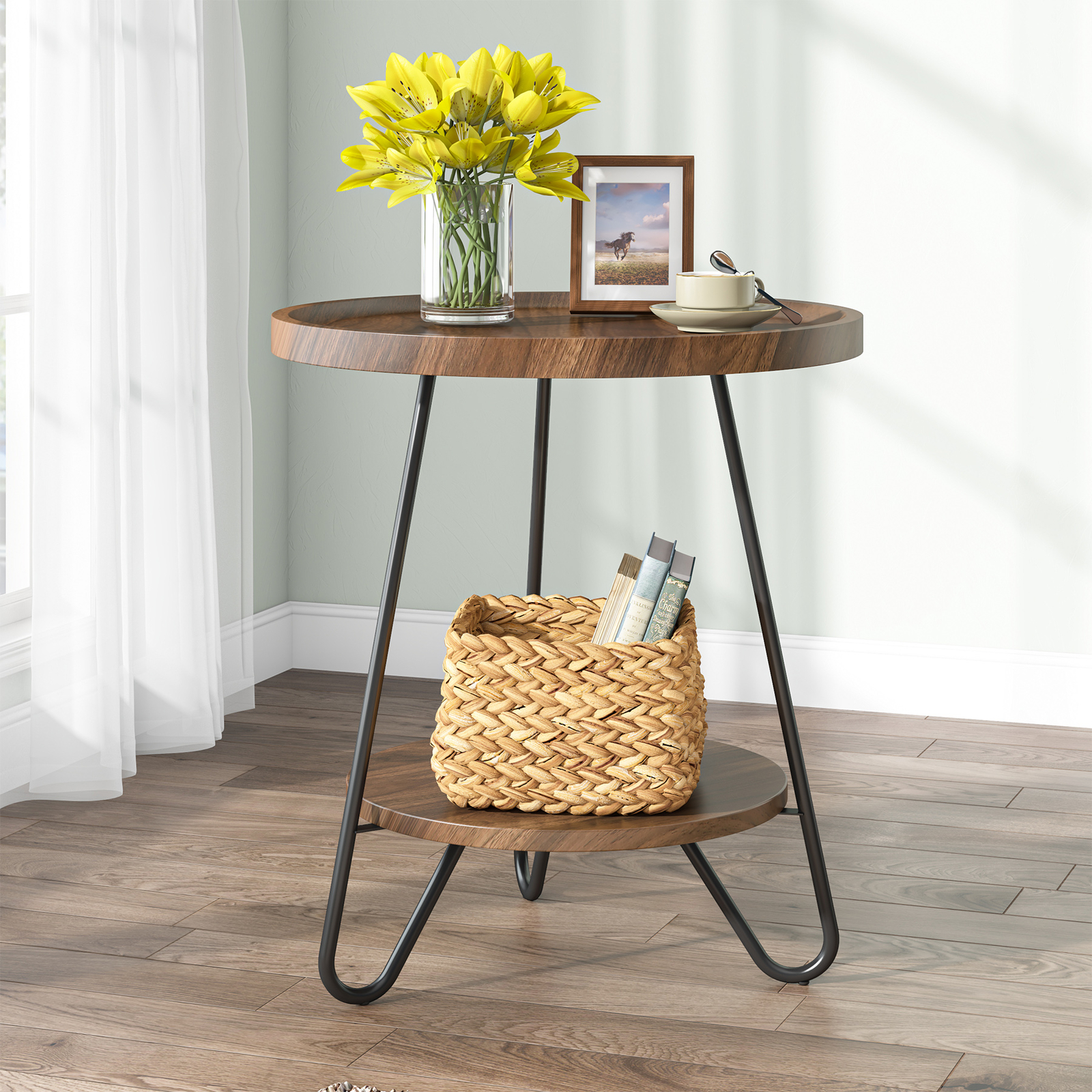 Tribesigns 2-Tier Modern Round Side End Table w/ Storage for