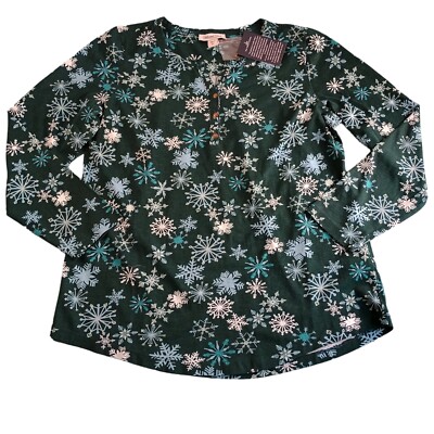 Coldwater Creek Woman's M Long Sleeve V Neck Top  Snowflake Quarter Button NWT