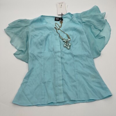 Vero Moda Womens Blouse XS Short Flutter Sleeves Necklace Beaded V Neck Button
