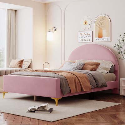 Full Size Upholstered Platform Bed, Semi-circle Headboard, Velvet, Metal Legs