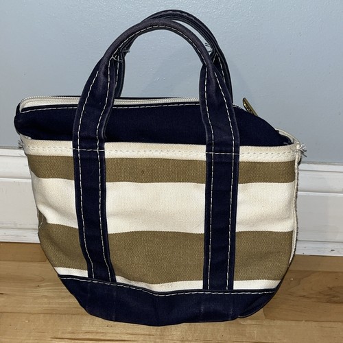 LL Bean Boat And Tote Bag Taupe Stripe Navy Zip Top Mini
