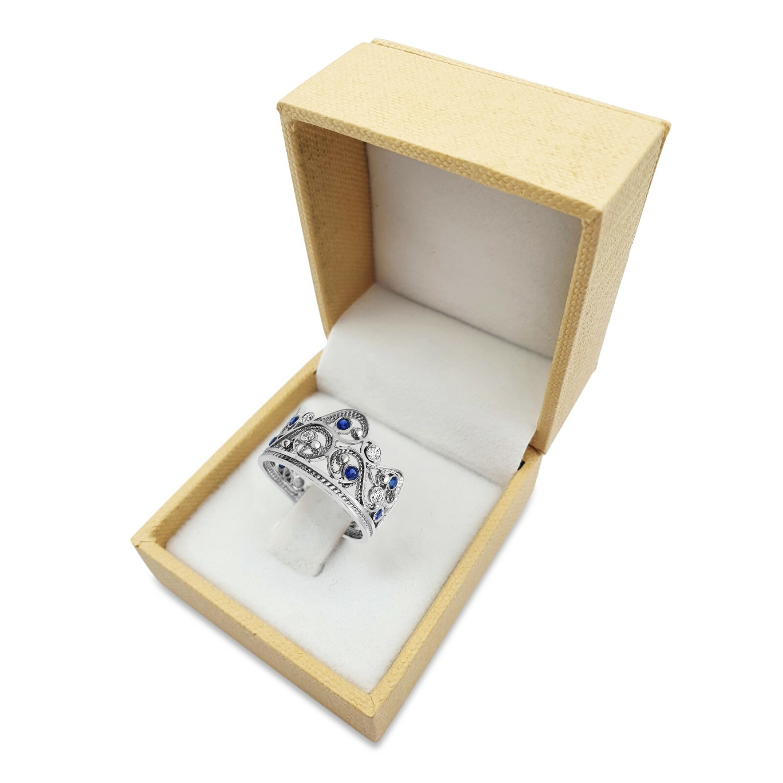 Pre-owned Handmade Deluxe 14k White Gold Blue Sapphire Lavender Stone Filigree Crown Ring