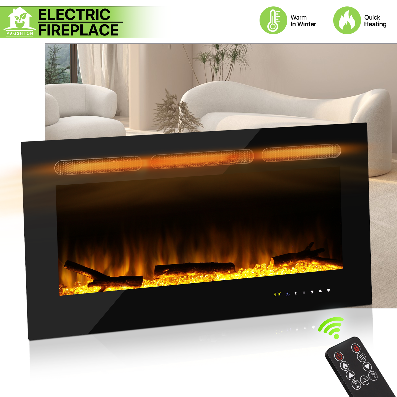 Insert Space Heater Adjustable Brightness Realistic Flame