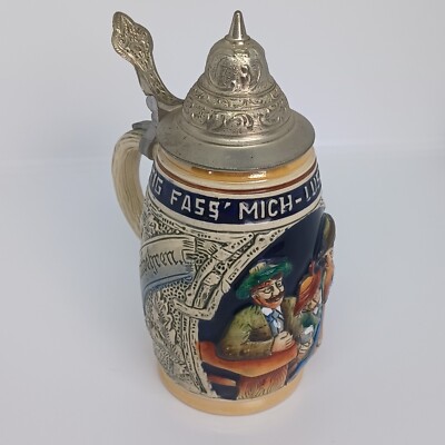 Vintage German Lidded Beer Stein Lustig Fass Mich Lustig Lass Mich