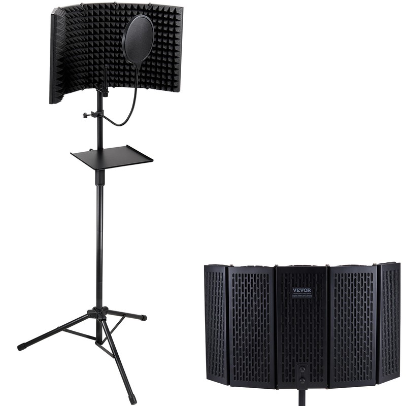 VEVOR Microphone Isolation Shield 5-Panel with Pop Filter Floor Tripod Stand