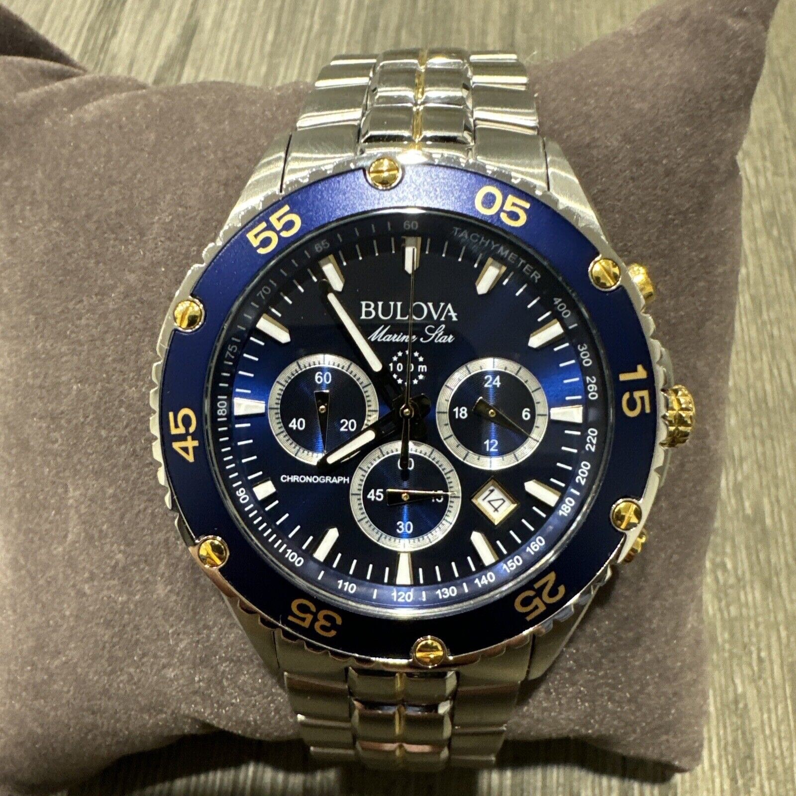 Pre-owned Bulova Marine Star 98b400 Chrono Stainless Steel Silver Blue Dial Men Watch