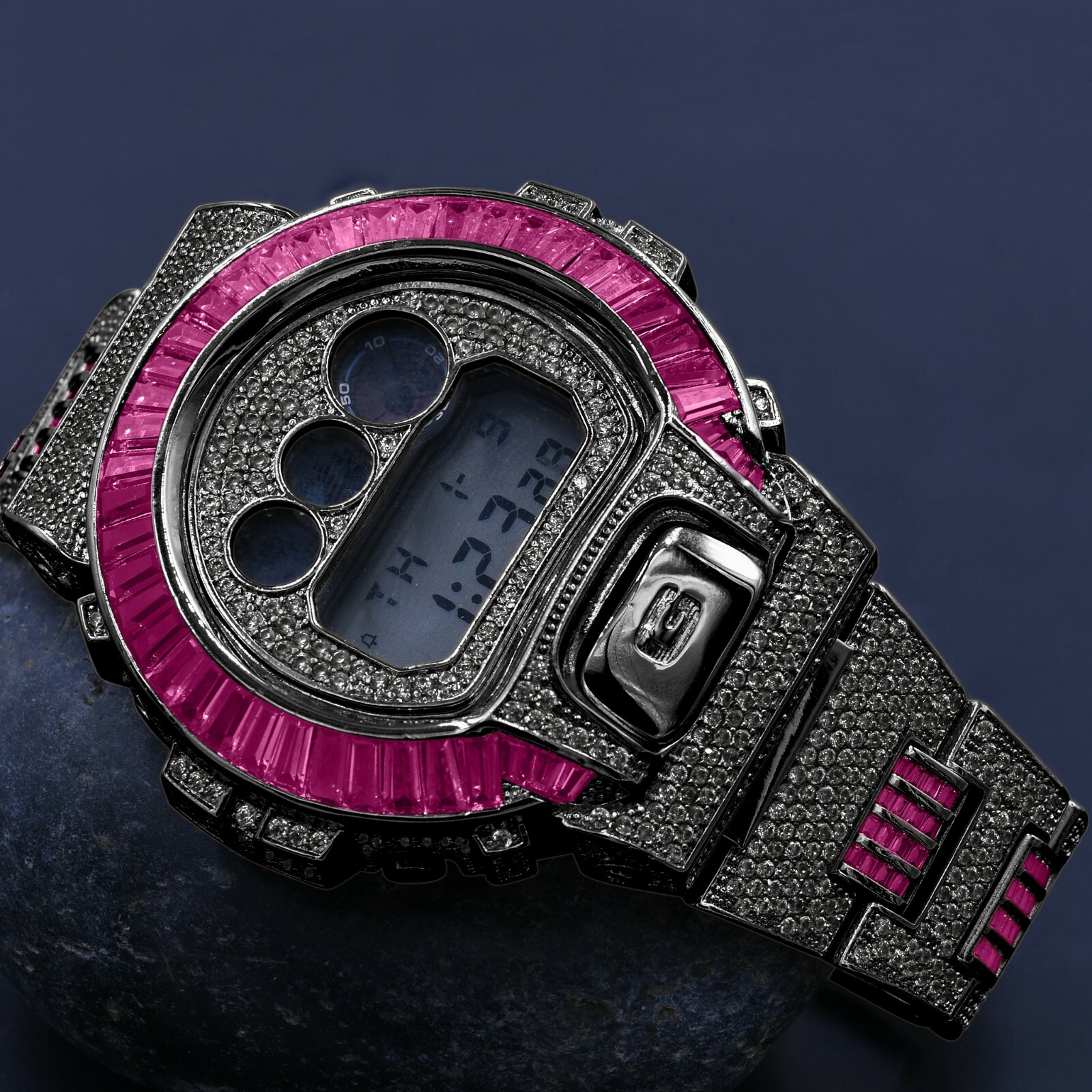 Pre-owned Icy Authentic Baguette Pink Tourmaline Black Gold Casio G-shock Dw-6900 Watch