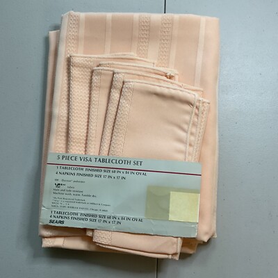 VTG NEW 60 x 84 OVAL Tablecloth & 4 Napkins PEACH Visa by Milliken Spring Summer