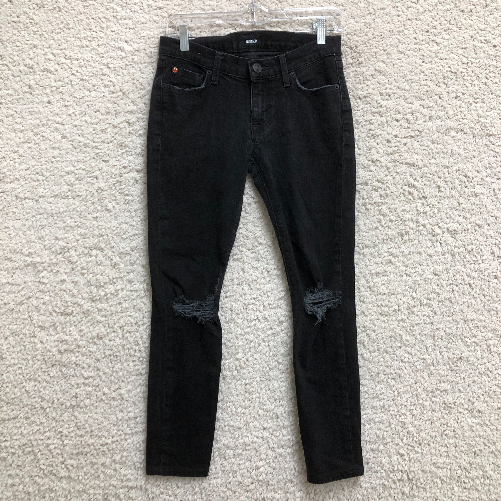 Hudson Jeans 25 Womens Black Denim Super Skinny Mid Rise Distressed Logo Stretch