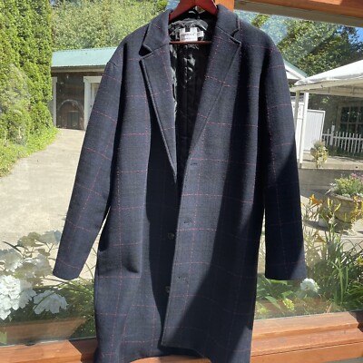 NEW Topman Classic Fit Check Wool Blend Over Coat Blue With Red Check