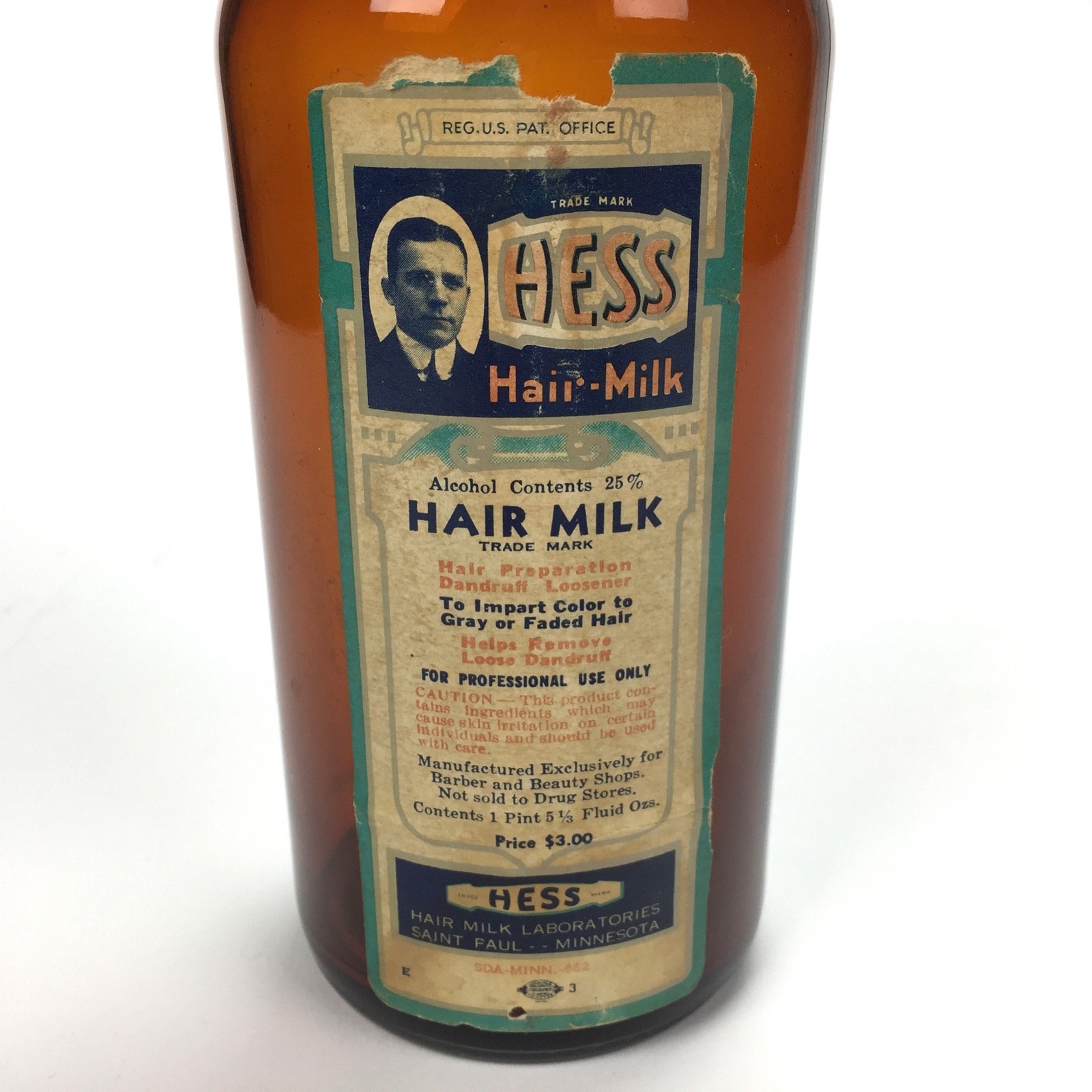 Vintage HESS Hair Milk Glass Bottle & Label, Barber Shop decor, Hair Tonic