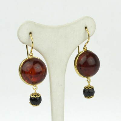 Ohrringe aus Silber 925 Golden Mit Bernstein Und Onyx Faceted Clipsen Aght 0750