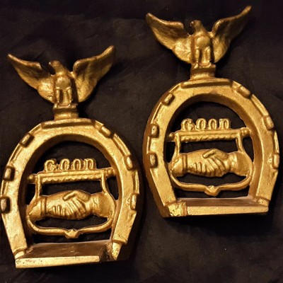Antique Victorian Masonic Handshake Brass Good Luck Horseshoe Eagle Bookends